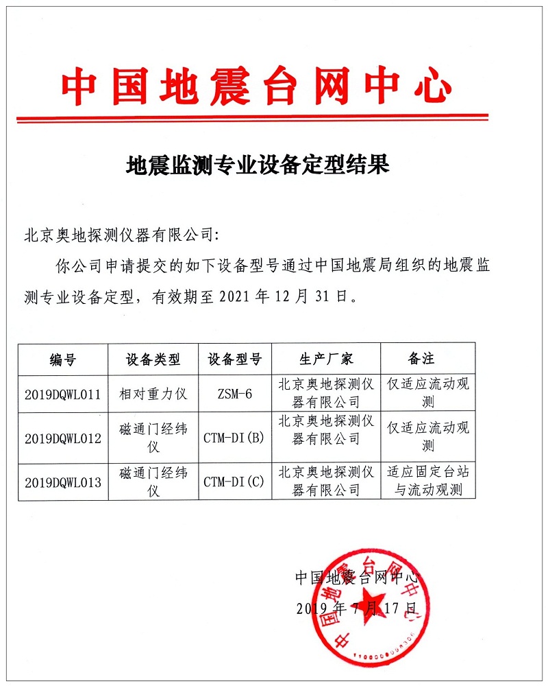奥地公司两类产品 通过中国地震台网地震监测设备定型